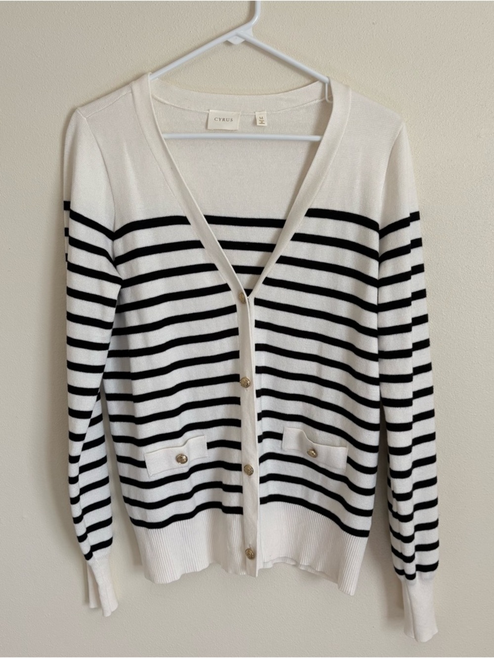 Cyrus Navy & White Striped V-Neck Cardigan Sweater Size M
